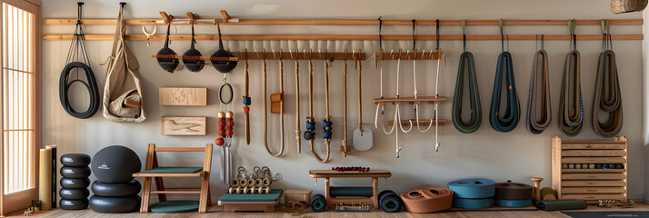 Assorted Collection of Iyengar Yoga Equipment in a Calm Practice Space - obrazy, fototapety, plakaty
