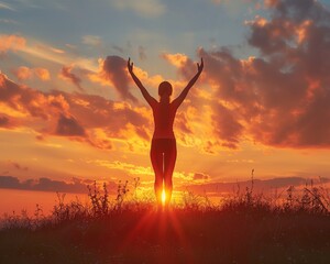Woman celebrates the sunrise with arms raised in a field of wildflowers