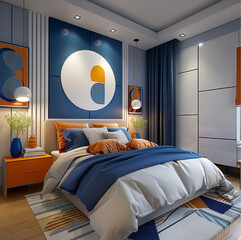 photo with maximum reality of a bedroom, tidy and aesthetic, with blue, white and orange colors.