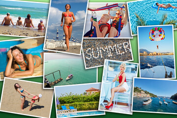 Collage with shoots of summer sunny landscapes and happy people (seven models)