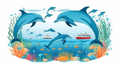 world ocean day background theme illustration with ships whales and fishes 