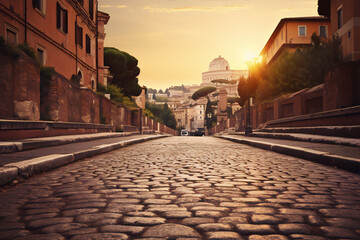 Cobblestone street in Rome, Italy with a view of the Castel Sant'Angelo at sunset in warm colors - obrazy, fototapety, plakaty