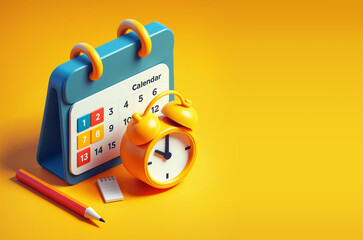 Calendar with marked date for event meeting, reminder yellow clock for schedule appointment, 3d style minimalist illustration - 762322701