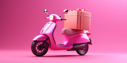 Fototapeta na wymiar A pink scooter with a parcel box mounted on the rear stands against a vibrant pink background.