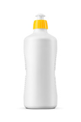 White plastic bottle for dish washing soap liquid with yellow push pull cap dispenser isolated. Transparent PNG image.