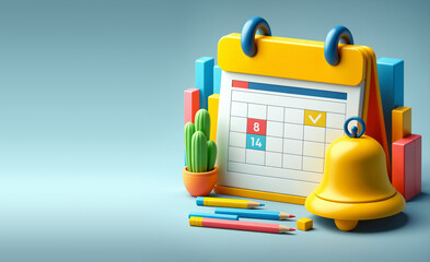 Calendar with marked date for event meeting, reminder yellow bell for schedule appointment, 3d style minimalist illustration - 762322740