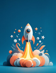 Rocket take off with flame, minimalist cartoon 3D style illustration - 762322747
