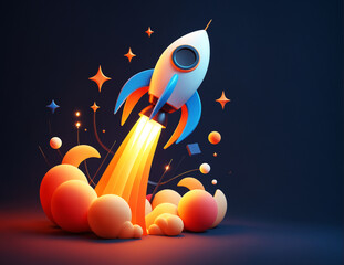Rocket take off with flame, minimalist cartoon 3D style illustration - 762322777