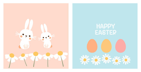 Bunny rabbit cartoons, daisy flower, hand written fonts and Easter eggs on orange and blue background vector.
