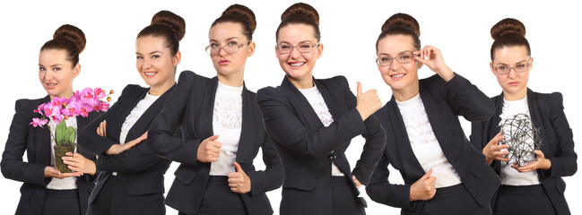 Six happy business women in black suit pose isolated on white, collage with one model