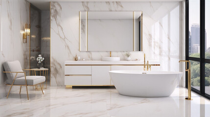 Bathroom interior design with white marble tiles, gold fixtures, and a large bathtub.