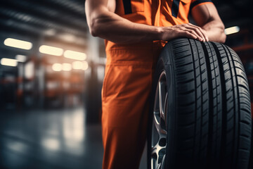 A mechanic in an orange uniform confidently holds a car tire in an automotive workshop