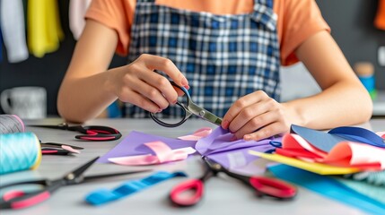 Man crafting with scissors surrounded by colorful materials