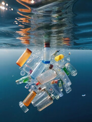 Plastic Waste In Sea Water, Pollution, Garbage Problem Plastic Bottles And Microplastics Floating In The Open Ocean