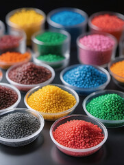 Biodegradable Plastic Granules In A Range Of Hues Are Spread Out On A Lab Bench, Plastics Starting Points