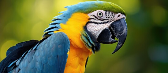 Obraz premium A closeup of a beautiful parrot with blue and yellow feathers, a long beak, and intricate wing details, perched on a terrestrial plant in its natural habitat