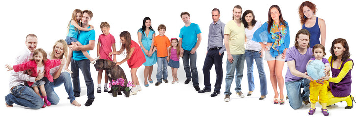 19 people - happy families, children pose isolated on white, collage with 14 models