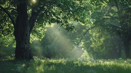 Enchanted Forest Scene with Sunrays and Floating Pollen
