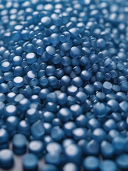 Close Up Flat Lay Of A Blue Plastic Polypropylene Granules On A Table