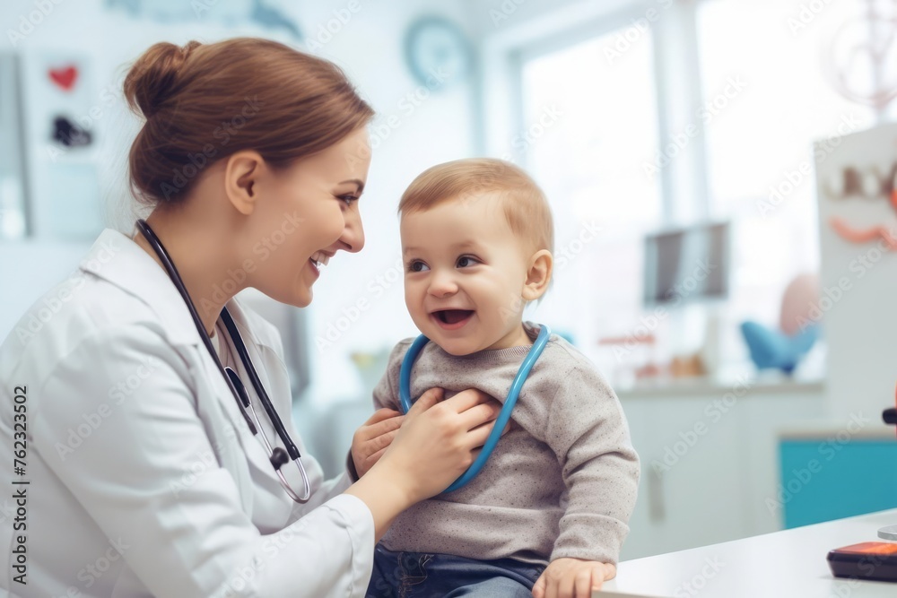 Wall mural happy little child at a pediatrician appointment for a medical consultation, checking the lungs and 