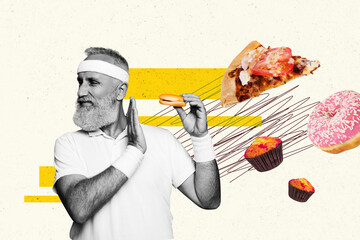 Sports man pensioner collage illustration of professional coach with headband says no for junk food...