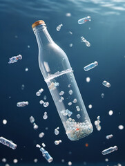 Problem Plastic Bottles And Microplastics Floating In The Open Ocean, Marine Plastic Pollution Concept, 3D Illustration