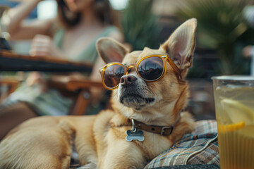 Stylish Dog Wearing Sunglasses Relaxing Outdoors