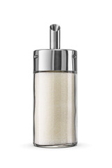 A stainless steel metal lid sugar dispenser with a transparent cylindrical body with granulated...