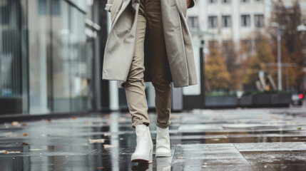 Stylish Urban Woman Walking in Chic Boots on a Wet City Sidewalk