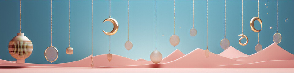 3D rendering of hanging golden crescent moons and stars on blue background with pink sand dunes below.