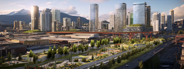 Naklejka premium Cityscape, urban park, bridge, high-rise buildings, green space, Vancouver