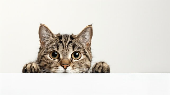 A curious tabby cat peeks over the edge with wide, watchful eyes on a clean white background.