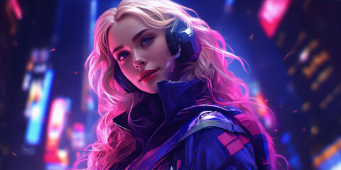 Fototapeta premium A digital painting of a young woman with blonde hair and blue eyes, wearing a black jacket and headphones, standing in a dark city street with neon lights.