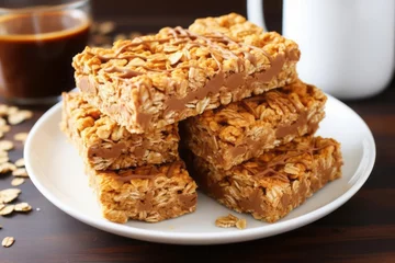 Fotobehang Peanut butter granola bars with rolled oats, peanut butter, and maple syrup © DK_2020