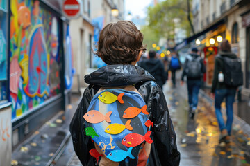 Naklejka premium Boy with colorful paper fish attached to his back on a street of French city. Attaching paper fish to someone's back is a common April fools day joke in France.