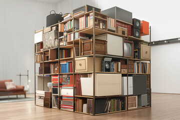 Modern furniture and home related items stacked in huge cube form. Moving company organizes container transportation.
