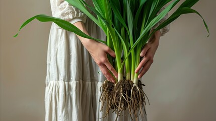 Woman holding a lush green plant with roots