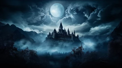 Poster Misty hills surrounding ancient castle under dazzling night sky, mystical and alluring concept, banner © Anzhela