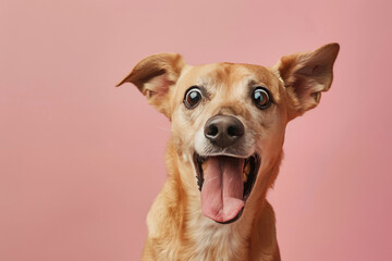 Dog looking surprised, reacting amazed, impressed or scared over solid pink background - obrazy, fototapety, plakaty