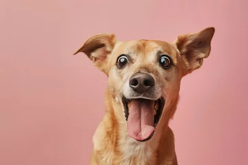 Tuinposter Dog looking surprised, reacting amazed, impressed or scared over solid pink background © Ekaterina Pokrovsky