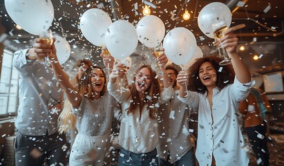 Festive Office Celebration: Toasts and Balloons Fill the Air, Infused with Xmaspunk and Metallic Tones of White, Silver, and Gold
