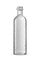 Chilled transparent glass water bottle with droplets and ice crystals isolated. Closed with a screw metal cap. Transparent PNG image.