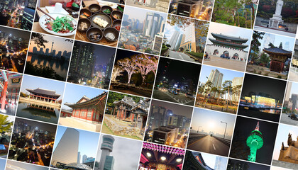 Collage with pagodas, TV tower, skyscrapers, national food, monuments, garden of Seoul, South Korea