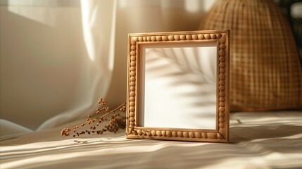 Empty wooden picture frame on a textured beige background