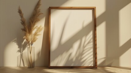 Elegant wooden picture frame with pampas grass vase