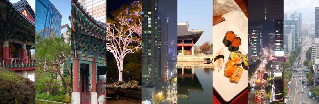 Collage with highrise buildings, gardens, food, pagoda in Seoul, South Korea