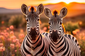 Naklejka premium Iconic zebras displaying striking striped patterns in their natural african wilderness habitat
