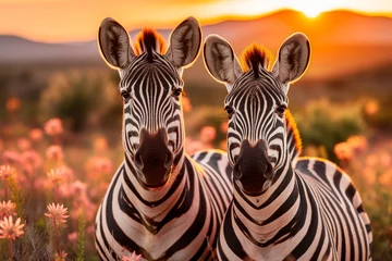Selbstklebende Fototapeten Iconic zebras displaying striking striped patterns in their natural african wilderness habitat © Aliaksandra