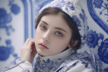 A young woman in a blue and white floral headscarf and matching outfit poses against a blue and white patterned background. - obrazy, fototapety, plakaty
