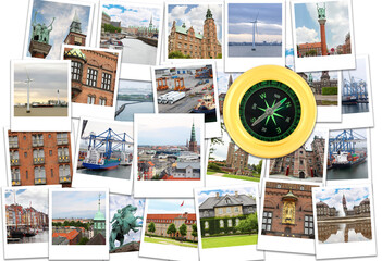 Collage with Copenhagen (Denmark) photos and compass - Little Mermaid statue,osenborg Castle, Monument to Bishop Absalon
